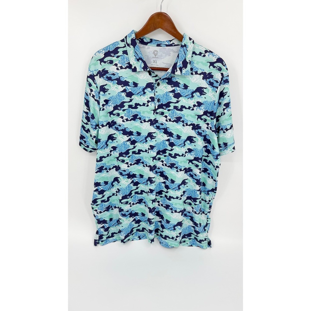 Mens XL Performance Polo Shirt Blue Mint Abstract Camo Short Sleeve Stretch